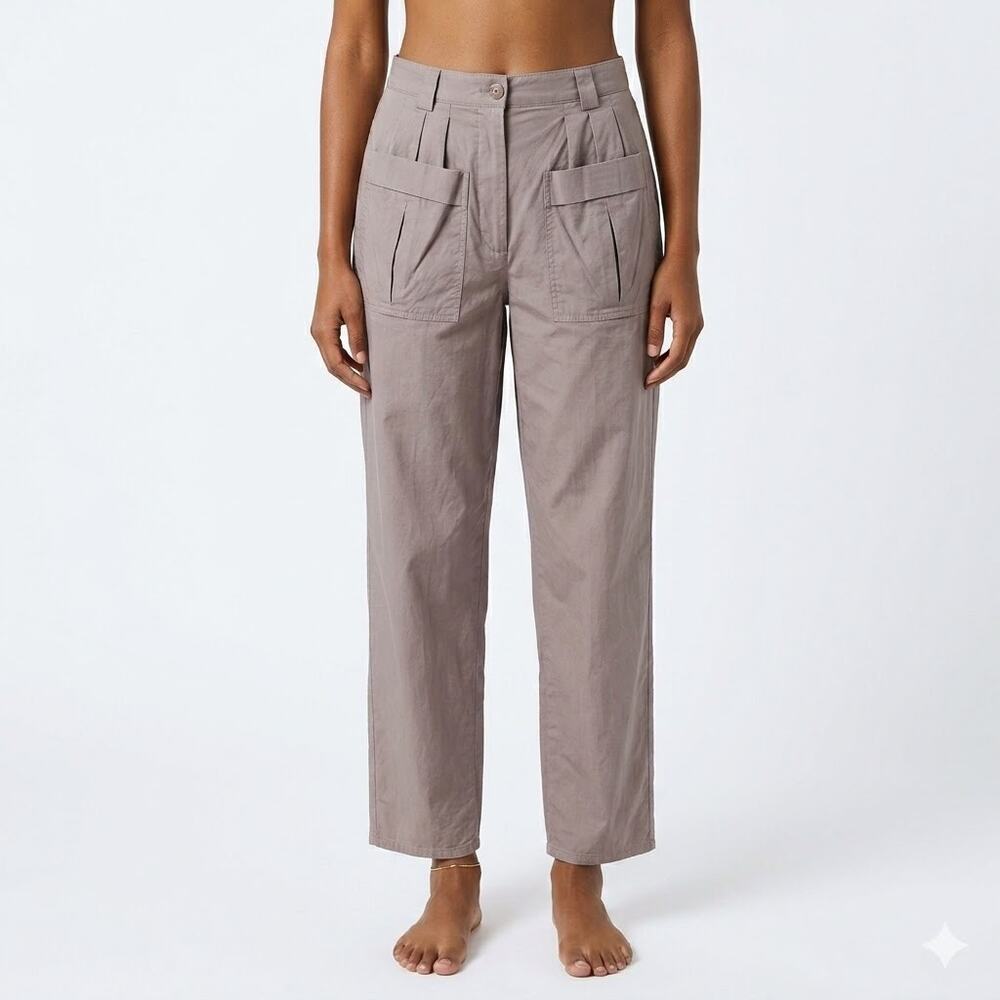 Tibi Straight Wide Leg Pants Taupe Gray Cotton Women's 2 Patch Pockets Pleated